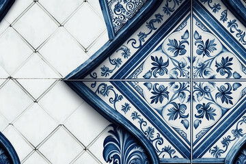 Blue and White Azulejo Tiles Beautiful Filigree Texture Background - The intricate filigree texture of stunning Azulejo tiles, perfect for adding elegance - created with Generative AI technology