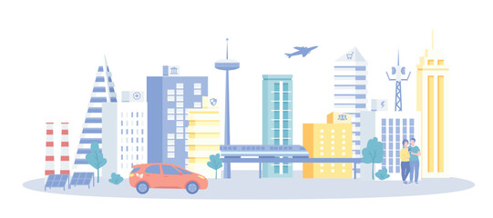 Smart Modern City. Urban architecture and infrastructure.  Innovative technologies for saving the planet. Vector illustration with character situation for web.