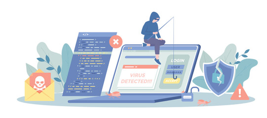 Hacker Attack. Cybercrime, phishing account, steal personal data, cyber attack. Hacking and stealing email, password and money. Vector illustration with character situation for web. © vectorhot