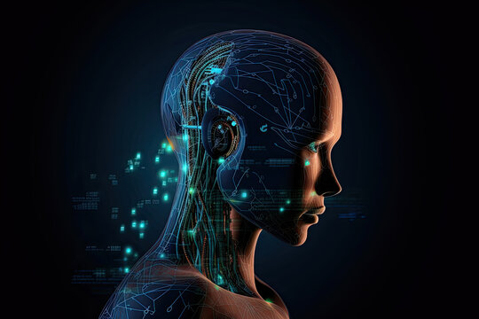 Visualizatipon of human consciousness in artificial intelligence, process of thinking robot. Humanoid android on dark background with neurals connection. Created with Generative AI