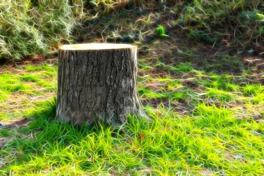 tree stump with a neon-style on the meadow