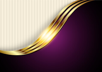 Business elegant background, gold purple metallic shiny metal waves design with striped pattern
