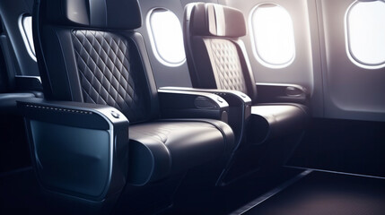 Fototapeta premium first class business luxury seats for vacations airplane row empty seats onboard , travel and transportation concept Generative AI illustrations