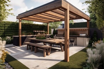 cozy outdoor patio with a pergola covering a table and benches. Generative AI - obrazy, fototapety, plakaty