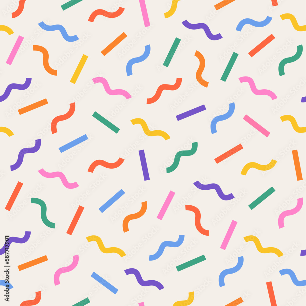 Wall mural fun and colorful seamless pattern. pattern includes bright elements, such as colorful lines, and cur