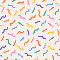 Fototapeta na wymiar Fun and colorful seamless pattern. Pattern includes bright elements, such as colorful lines, and curved lines. The simple and childish scribble pattern makes it a playful and whimsical design.