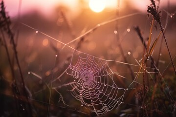 cobweb covered with dew drops in a pink lights of sunset. Generated ai.
