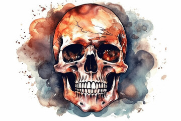 Fancy skull in a full moon sky, Watercolor, Majestic and dramatic, Intense lighting with warm colors - Generative Ai