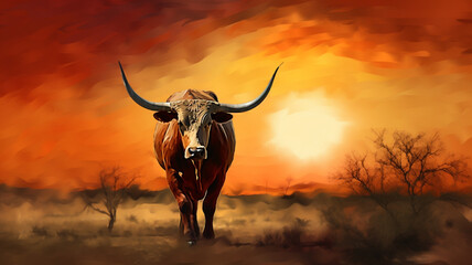 Texas longhorn steer at sunset abstract painting  - obrazy, fototapety, plakaty