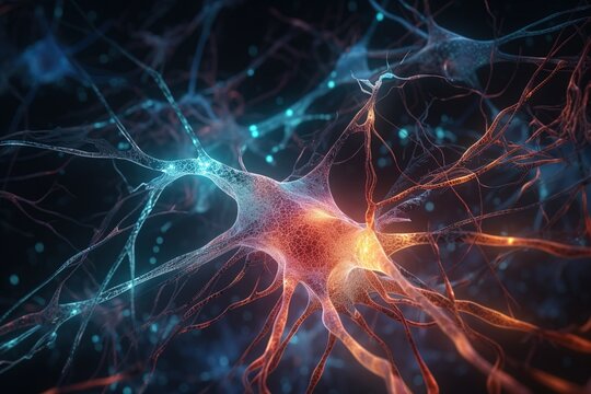 Ultra detailed glowing neuron cells. Generated ai.