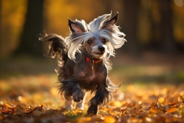 Chinese Crested Dog having fun at the Park in Autumn - Generative AI Illustration