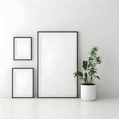 blank canvas, posters mockup on the wall and floor with thin light wooden and black moulding, wall art mockup