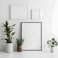 blank canvas, posters mockup on the wall and floor with thin light wooden and black moulding, wall art mockup