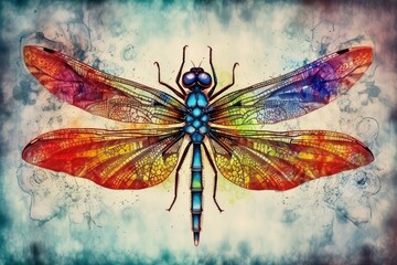 Fototapeta na wymiar dragonfly painted on a serene blue background. Generative AI