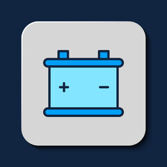 Filled outline Car battery icon isolated on blue background. Accumulator battery energy power and electricity accumulator battery. Vector