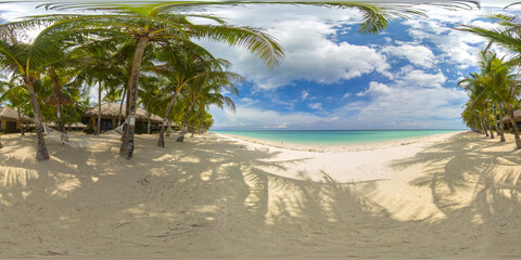 Tropical landscape: beautiful beach with hammock, palm trees by turquoise water. Panglao island, Bohol, Philippines. 360VR.