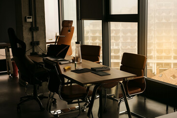 Fototapeta premium empty desks workspaces in coworking space