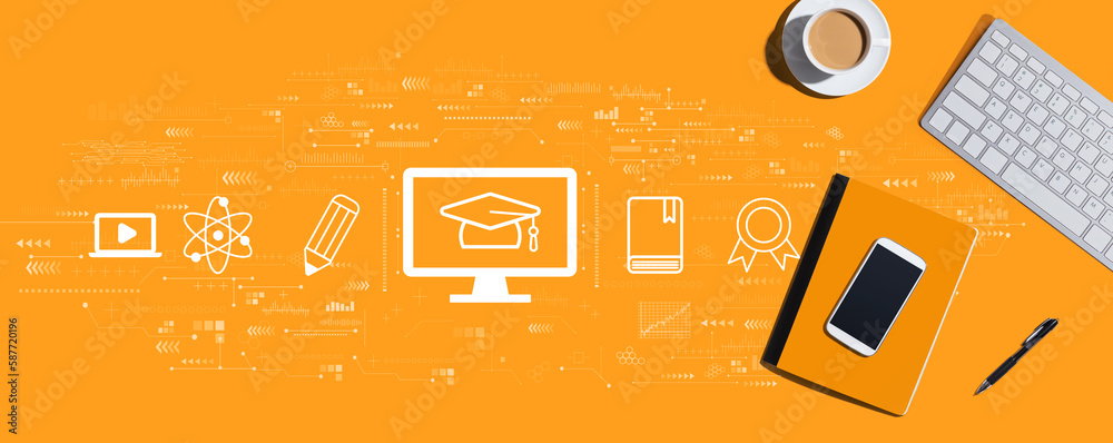 Poster e-learning concept with a computer keyboard and office items