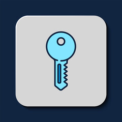 Filled outline House key icon isolated on blue background. Vector