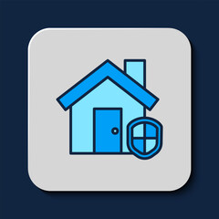 Filled outline House under protection icon isolated on blue background. Home and shield. Protection, safety, security, protect, defense concept. Vector