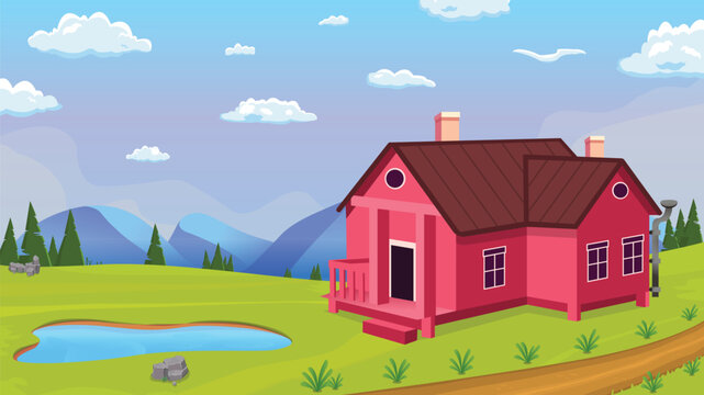 Vector countryside cartoon background illustration with house, lake, tree, mountain, sky, road