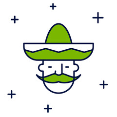 Filled outline Mexican man wearing sombrero icon isolated on white background. Hispanic man with a mustache. Vector