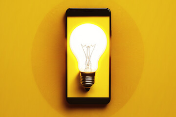 Light bulb on smartphone screen. Generative AI.