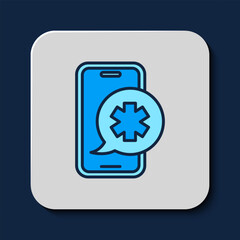 Obraz premium Filled outline Emergency mobile phone call to hospital icon isolated on blue background. Vector