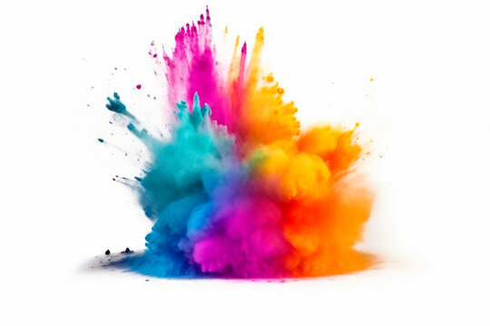 Colored powder explosion on a white background. Abstract closeup dust on backdrop. Colors explode generative ai
