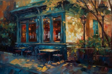 An impressioninst painting of a European cafe