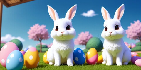 rabbits sit quietly in a lush green field surrounded by brightly colored trees, and a group of colorful eggs lies in front of them. Photorealistic renderings show the intricate details of the rabbits