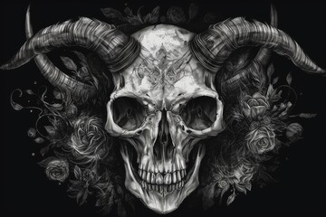 skull adorned with horn and rose motifs. Generative AI