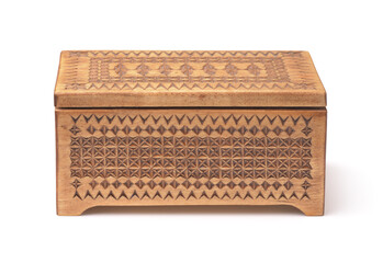 Front view of old wooden carved casket