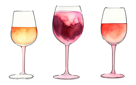 watercolor glass of wine with hand drawn illustration style. generative ai