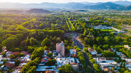 Mendoza Argentina Aerial Drone Fly Above City Center, Green Urban Landscape of Famous Andean Cordillera Vineyard Town
