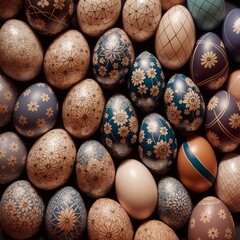 This highly detailed digital illustration shows a pile of colorful Easter eggs, each unique in design, size, and color. The eggs are arranged in a pattern, creating a sense of order.
