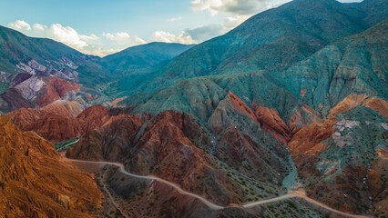 Purmamarca Scenic Geological Formation, Seven Color Hills, Aerial View of Jujuy Argentina, Unique Colorful Mountains, Quebrada in Andean Cordillera