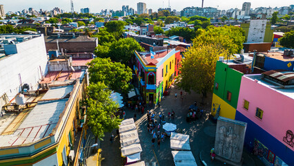 Aerial Drone Colorful Houses of Caminito La Boca Buenos Aires Argentina 