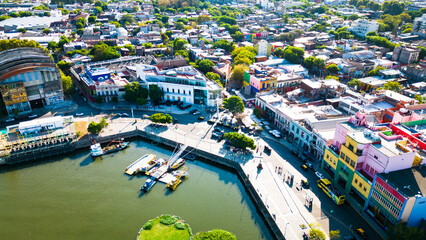 Aerial Drone Fly Above Colorful Houses of Caminito La Boca Buenos Aires Argentina