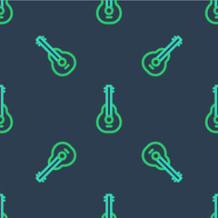 Naklejka premium Line Mexican guitar icon isolated seamless pattern on blue background. Acoustic guitar. String musical instrument. Vector