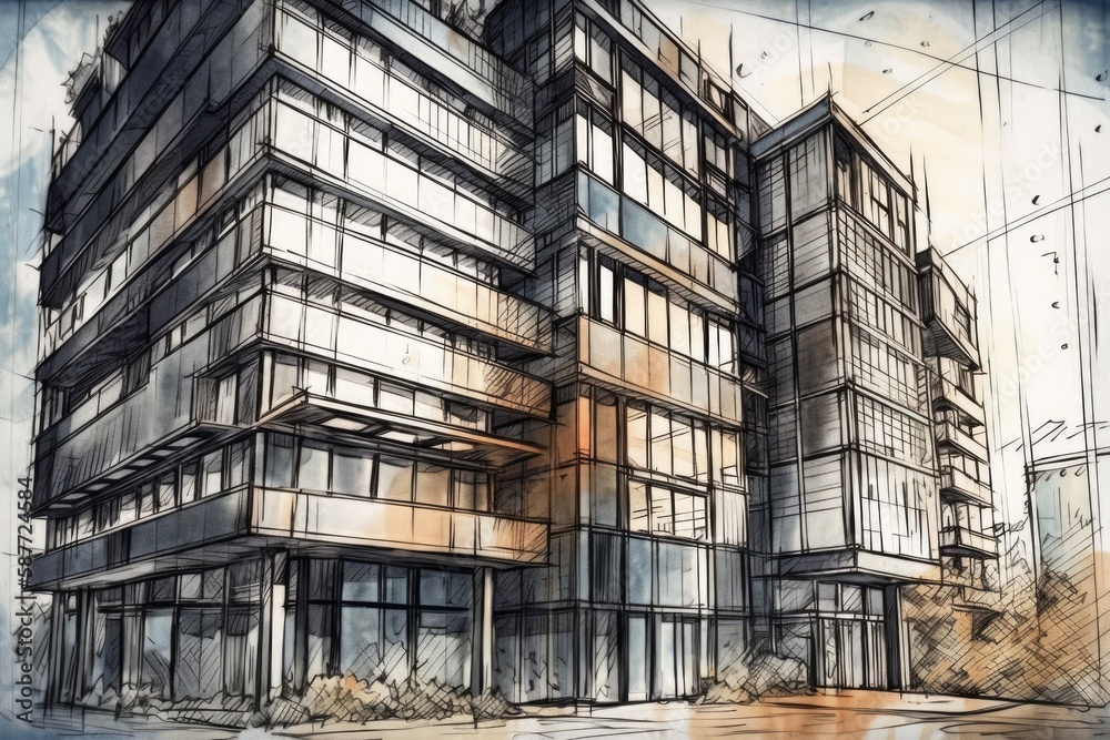 Poster building with numerous windows allowing ample natural light. generative ai