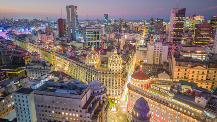 Aerial View of Capital City of Buenos Aires Argentina illuminated at night 
