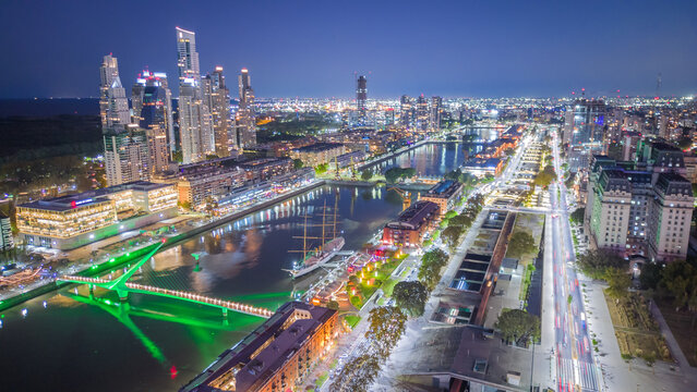 Skyline of Puerto Madero Buenos Aires Argentina Aerial City View at night 