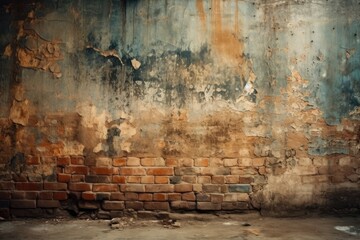 weathered brick wall with peeling paint. Generative AI