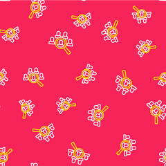 Line Magnifying glass for search job icon isolated seamless pattern on red background. Recruitment or selection concept. Search for employees and job. Vector