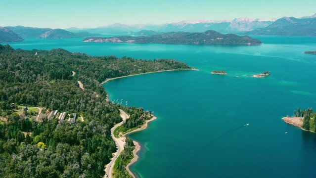 Patagonia's Majestic Nahuel Huapi Lake: Aerial Cinematic Footage of Mountains, Islands, Boats, and Forests