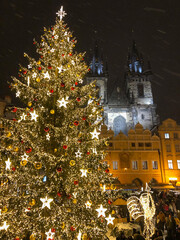Old town square Christmas tree with gothic towers in the background