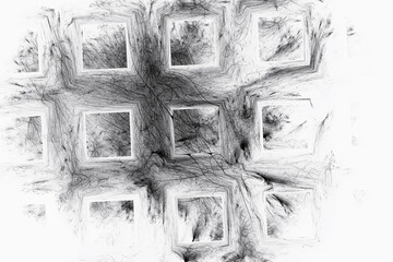 Fototapeta premium Black pattern of crooked threads with squares on a white background. Abstract fractal 3D rendering