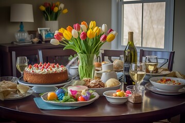 Naklejka na ściany i meble Easter dining table with wine glasses, tulips, colorful eggs, Easter cake, Easter decor, and a variety of hearty food on plates, created using generative AI