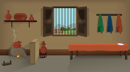 Village room inside vector, poor mud house room interior cartoon background illustrations.